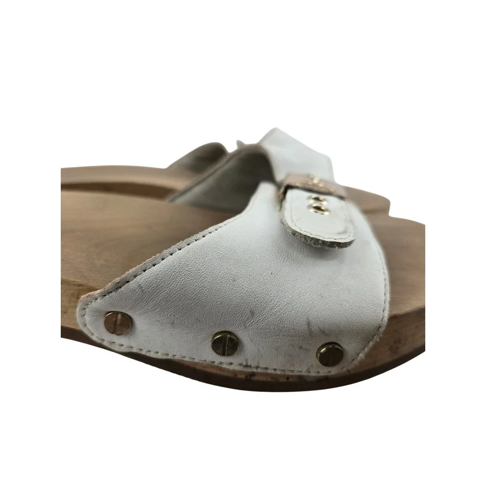 Dr. Scholls Original Collection White Leather Wood Clog Slide Sandals Womens 9M